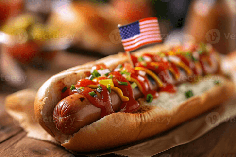 Large american hot dog with mustard, onions and ketchup from On The Bun